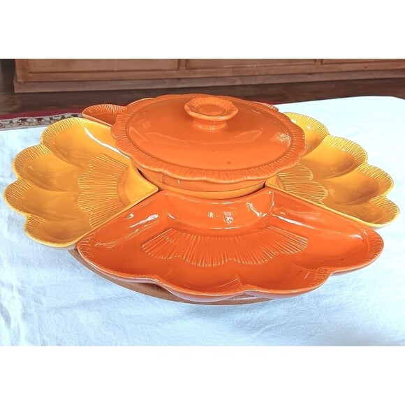 Vtg California Pottery Lazy Susan Sunflower Orange & Gold in Original Box - Picture 2 of 14